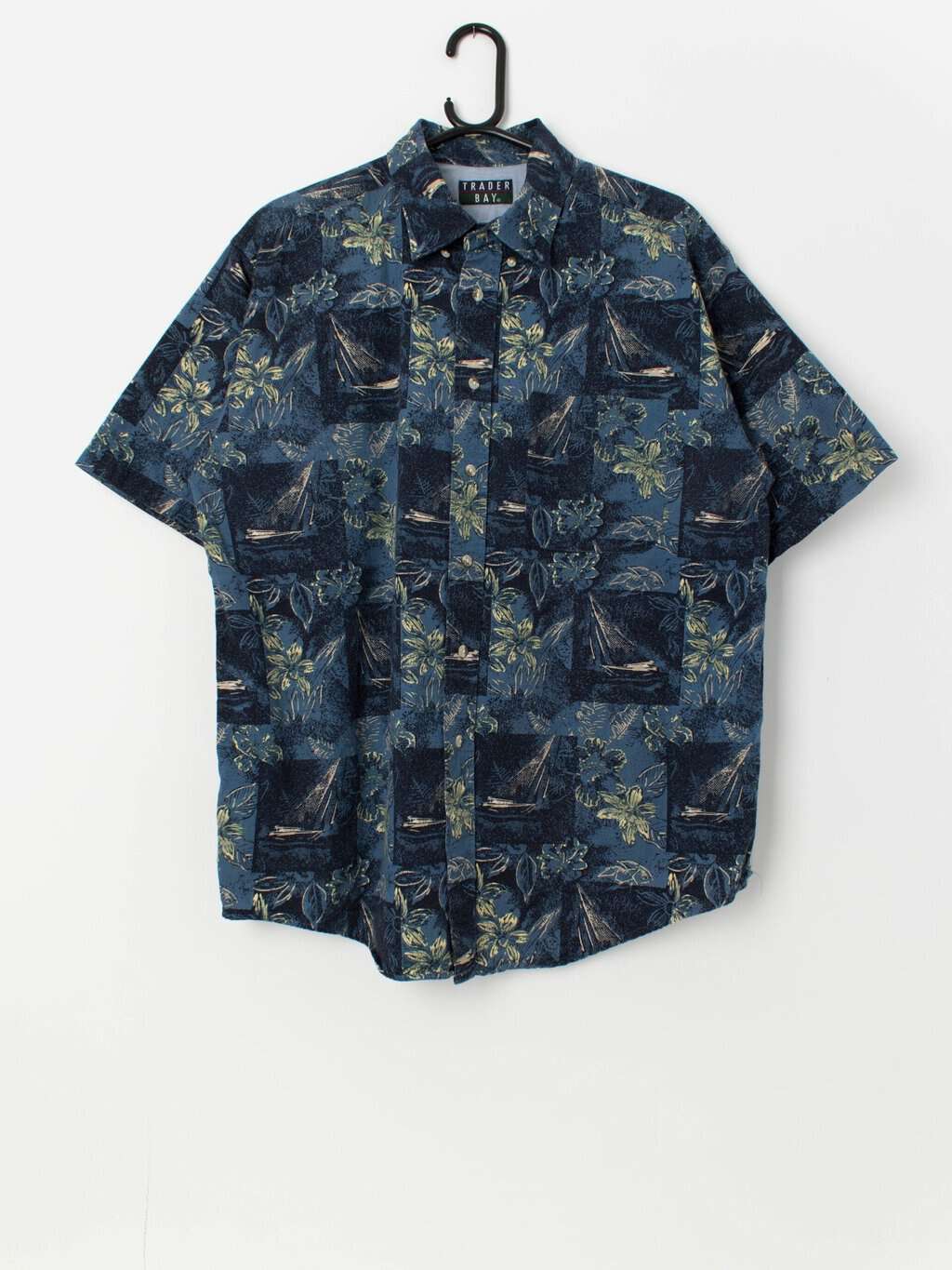 Vintage navy Hawaiian shirt with yellow floral print - Medium / Large