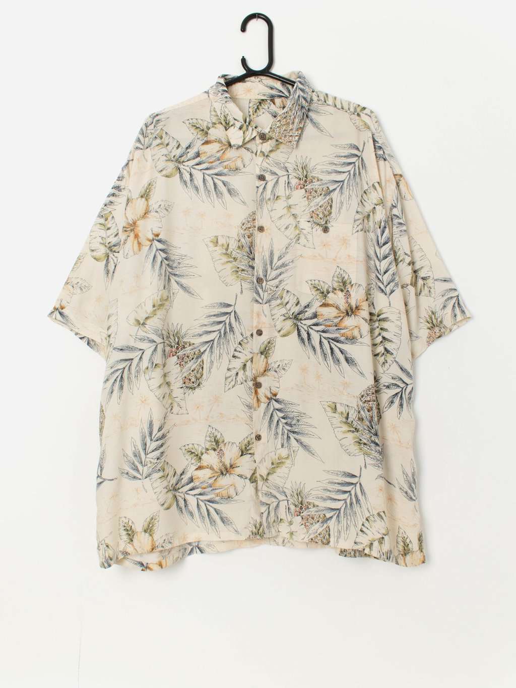 Vintage pastel Hawaiian shirt with pineapple and philodendron plant print - 2XL