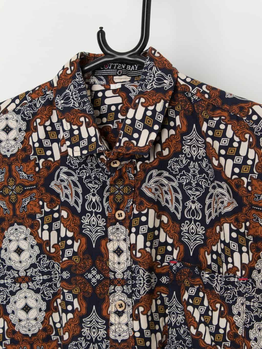 Vintage printed shirt in navy and brown - Small / Medium - Image 2