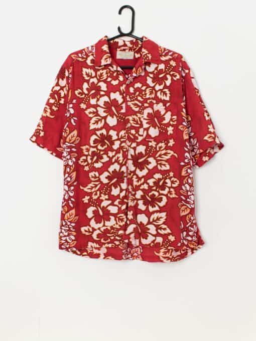 Vintage red Hawaiian shirt with white and orange floral pattern - Medium