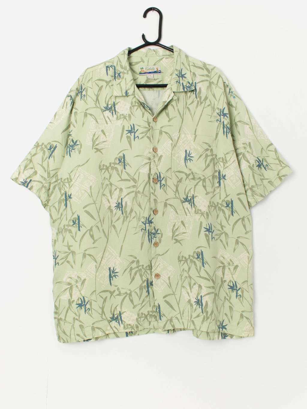 Vintage silk Hawaiian shirt in green with palm tree print - XL