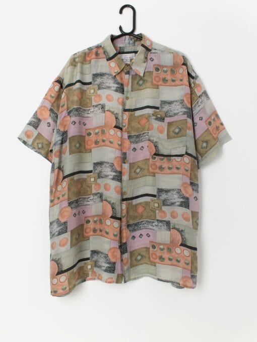 Vintage silk summer shirt in grey and peach - XL / 2XL