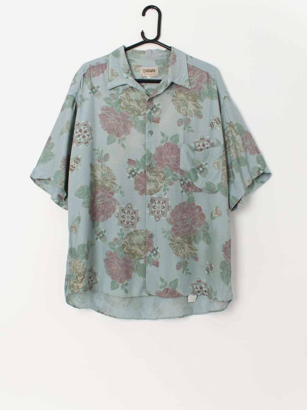 Vintage Hawaiian shirt in pale teal and mauve - Large / XL