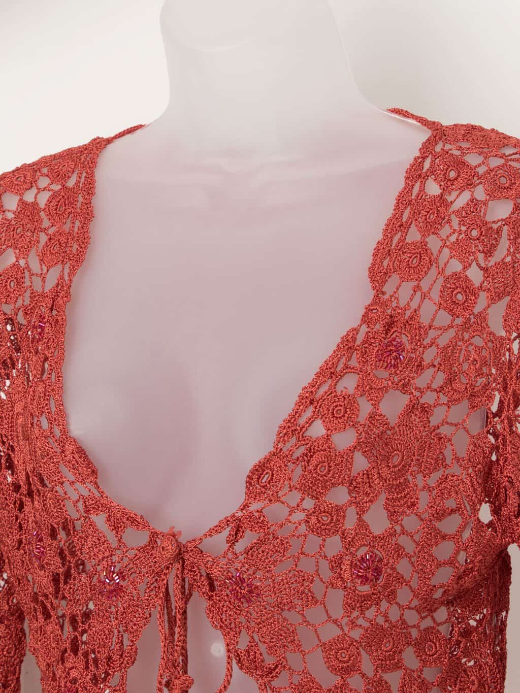 Vintage rust orange crochet tie up top with long sleeves - Small / Medium - Image 2