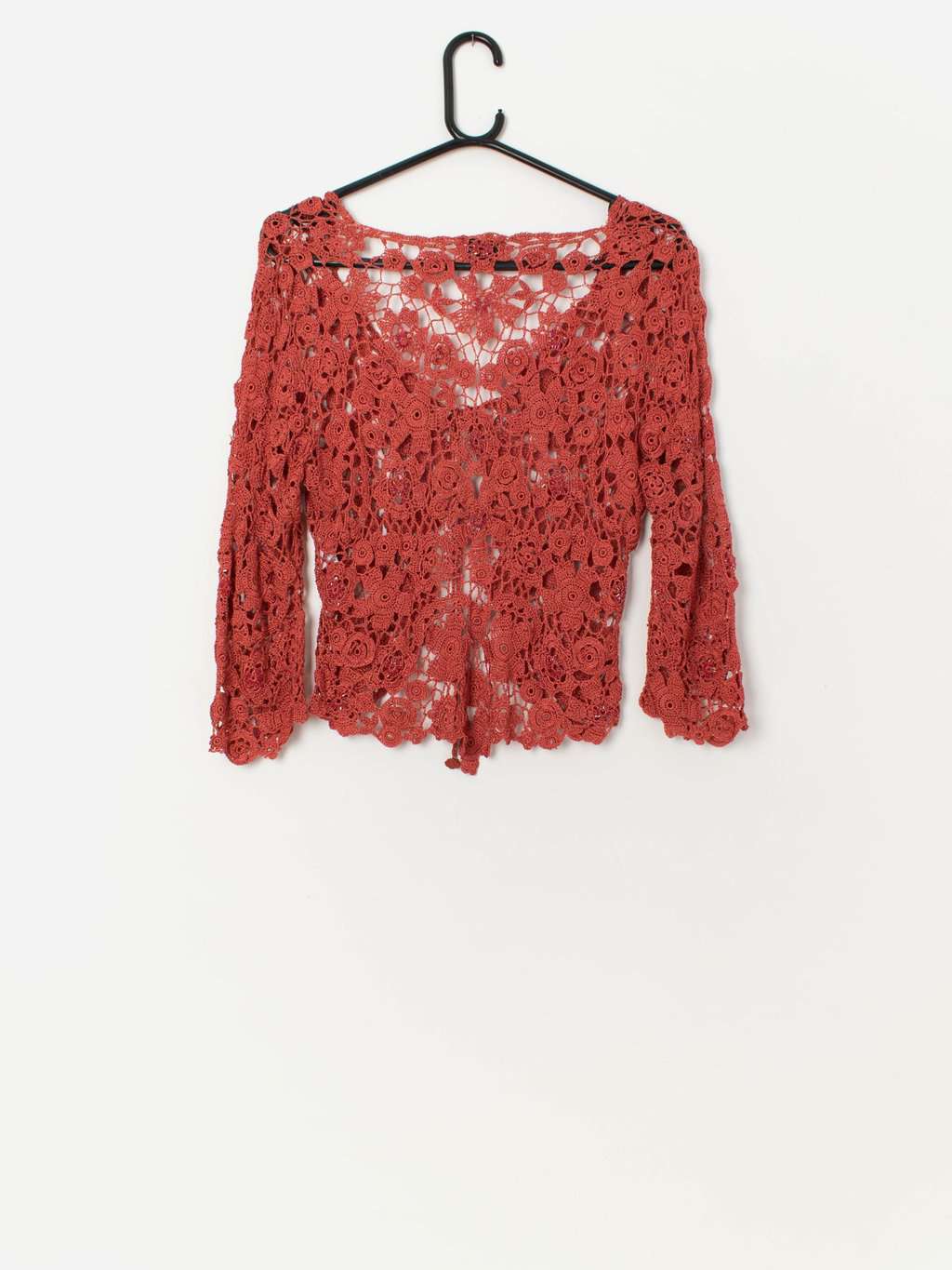 Vintage rust orange crochet tie up top with long sleeves - Small / Medium - Image 3