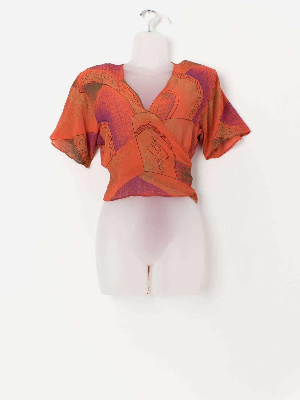 Vintage orange wrap crop top with purple abstract print - Medium