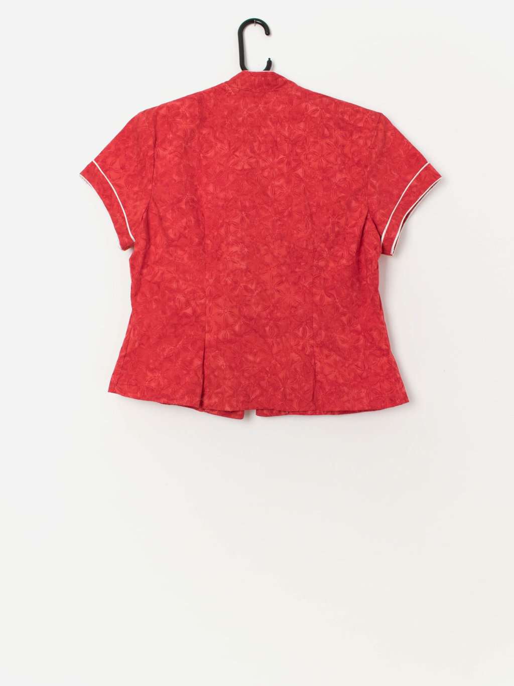 Vintage red floral blouse with short sleeves - Large - Image 3