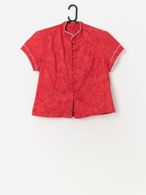 Vintage red floral blouse with short sleeves - Large