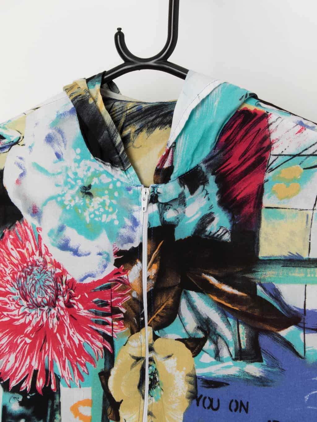 Vintage long hooded top with abstract cocktail and face print - L / XL - Image 2