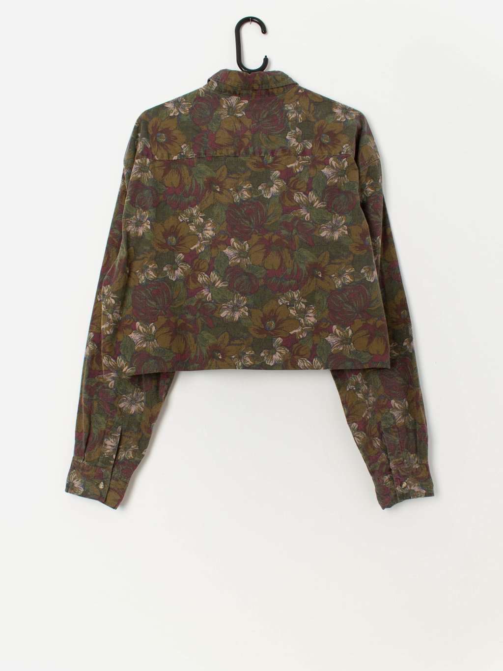 Vintage cropped floral shirt in forest green and red - Large - Image 3