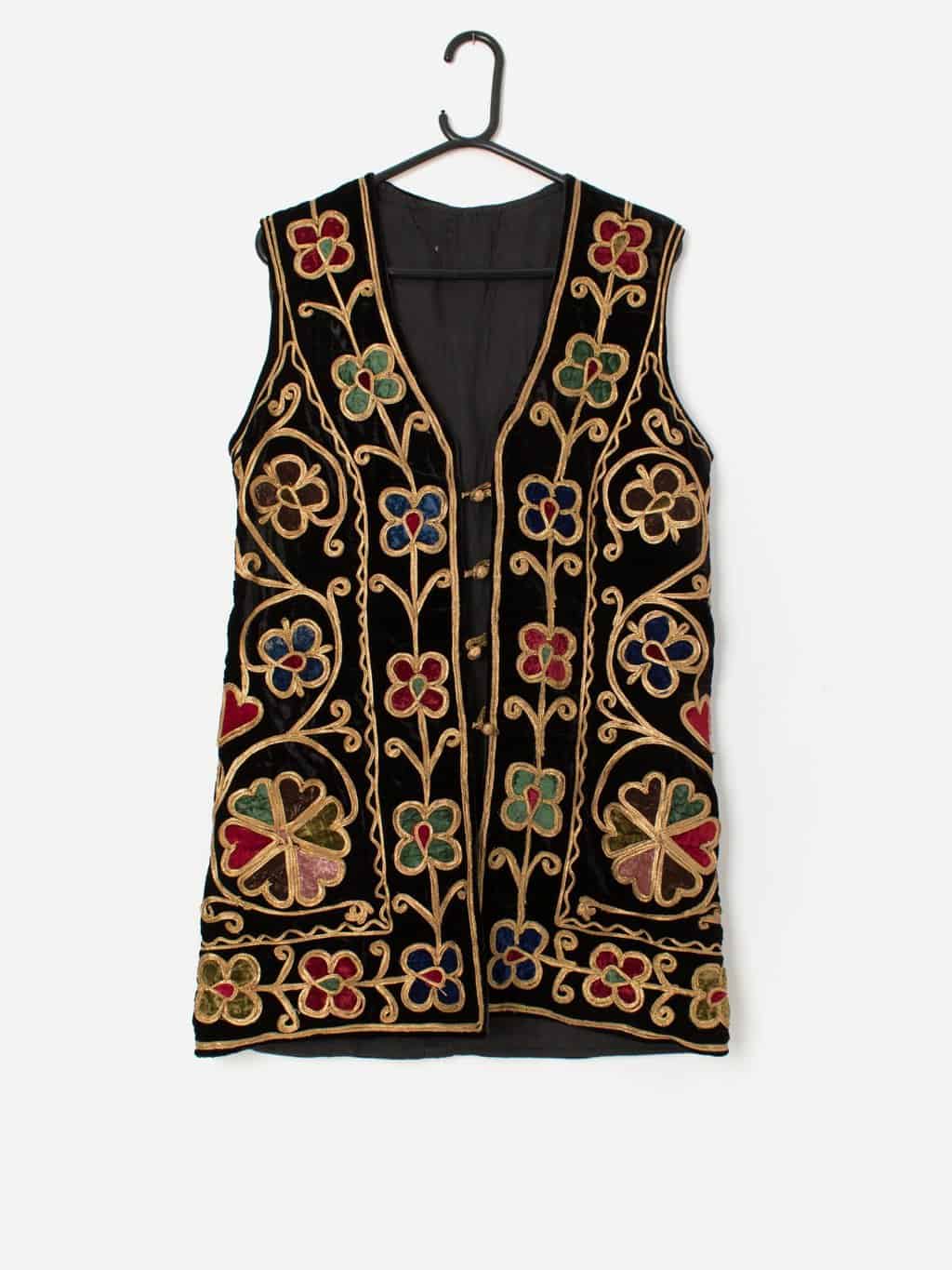 Vintage black and gold velvet ropework embroidered long waistcoat - Medium / Large
