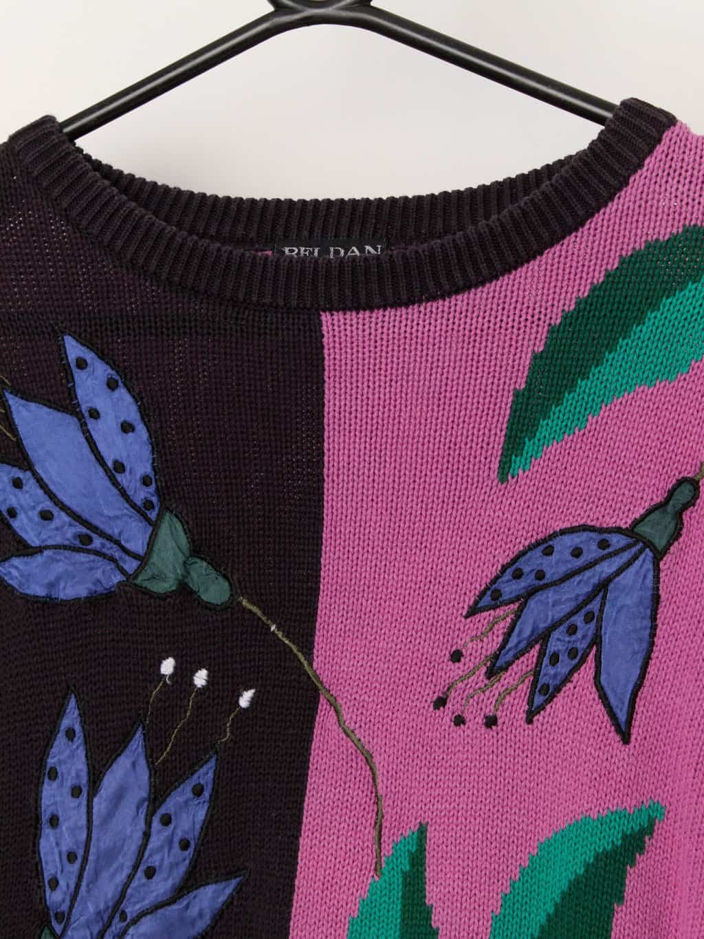 Pretty vintage appliqué knitted top in pink and black - Medium - Image 2