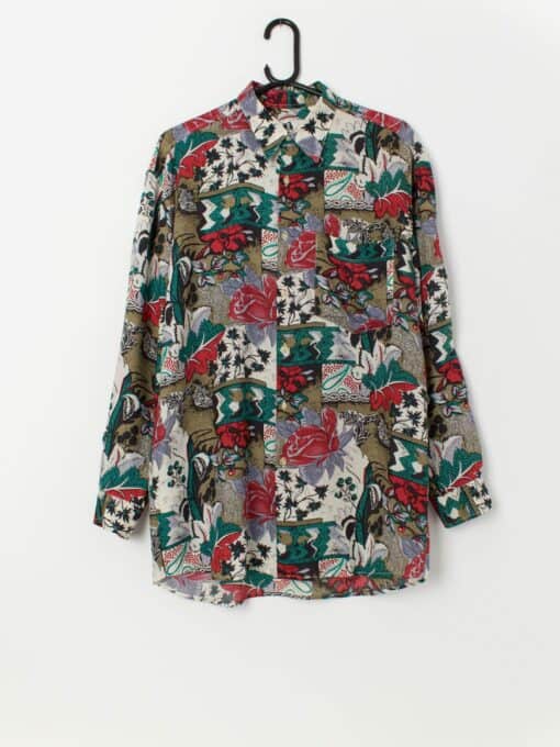 90s vintage loud floral shirt in red, lilac and olive green - Medium