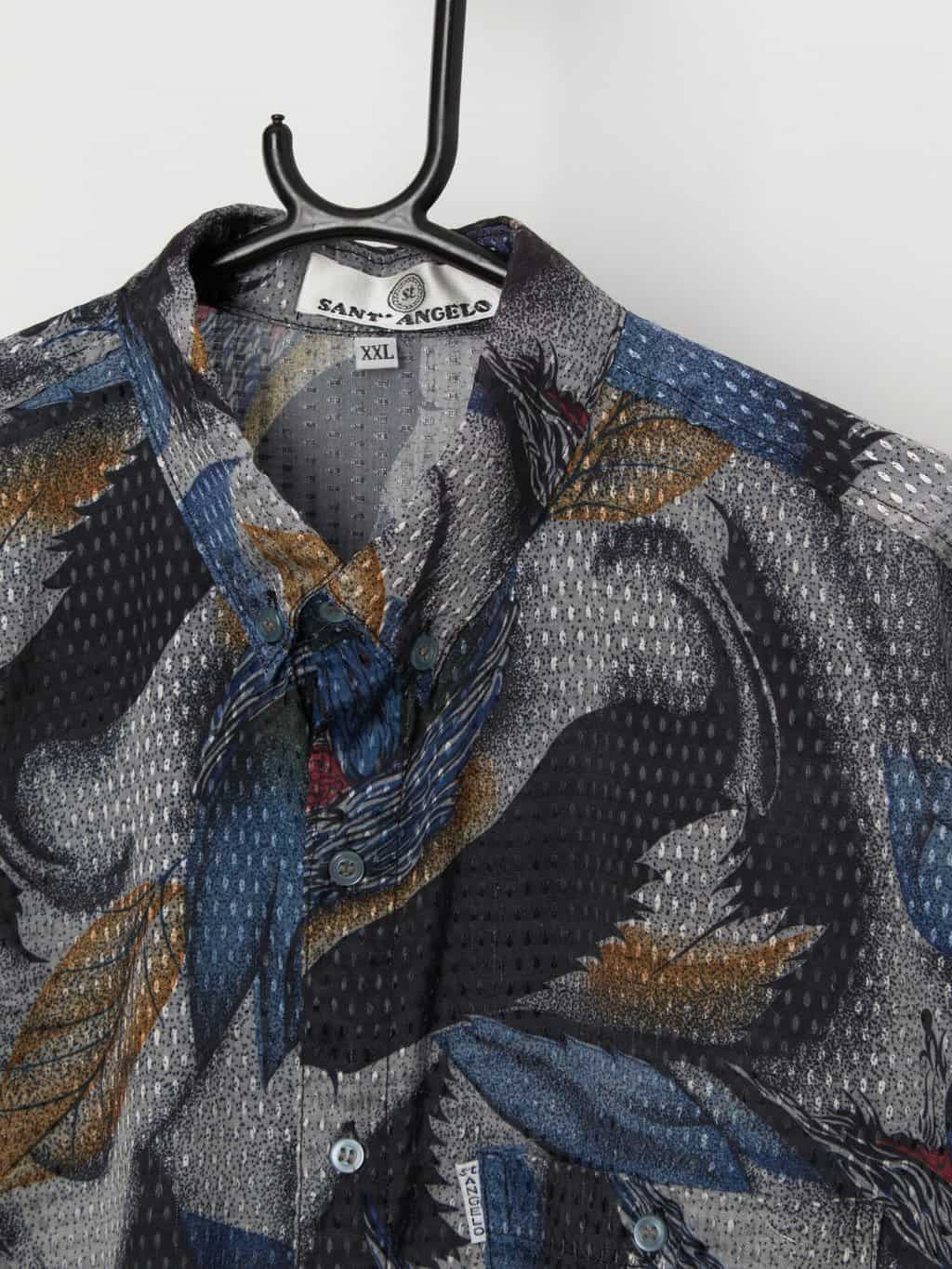 Vintage shiny shirt with parrot and leaf pattern - Large - Image 2