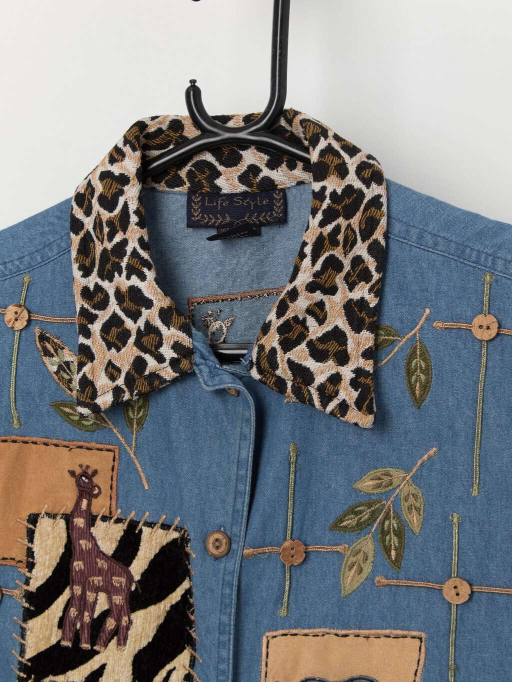 Vintage denim vest with animal safari embroidered design - Medium / Large - Image 2