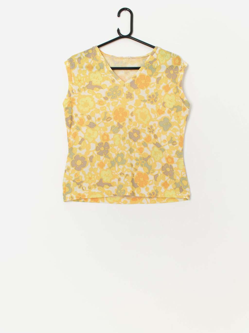Vintage bright yellow 70s floral top - Medium / Large