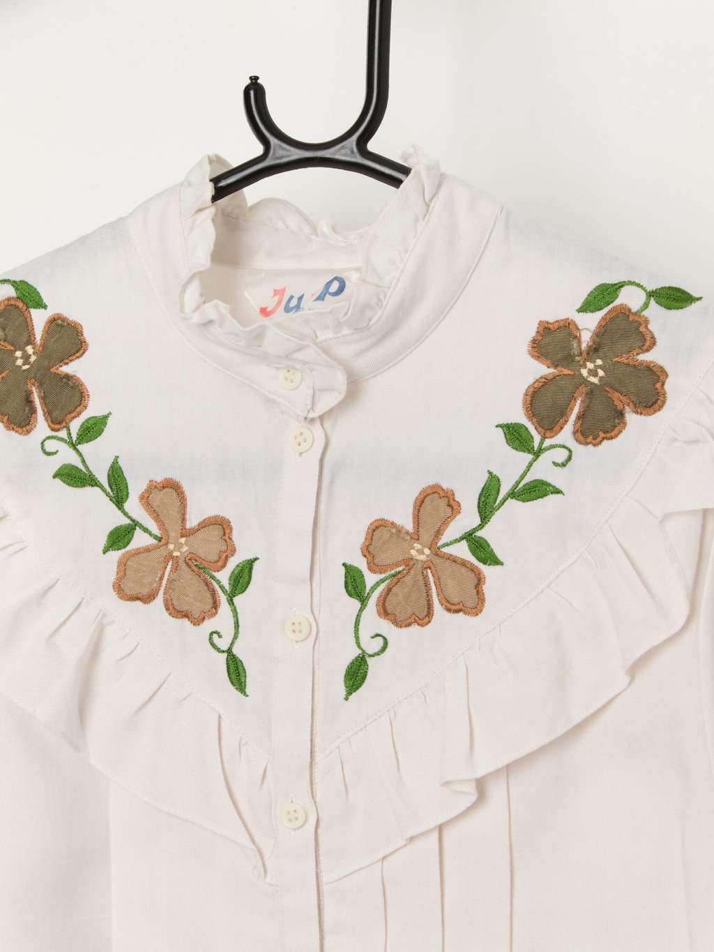 Vintage floral embroidered ruffle front blouse - Medium - Image 2