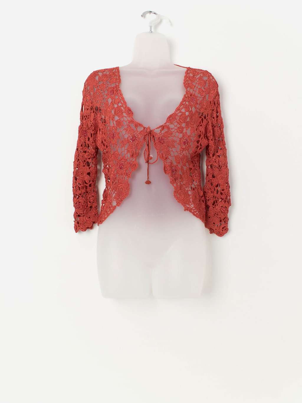 Vintage rust orange crochet tie up top with long sleeves - Small / Medium