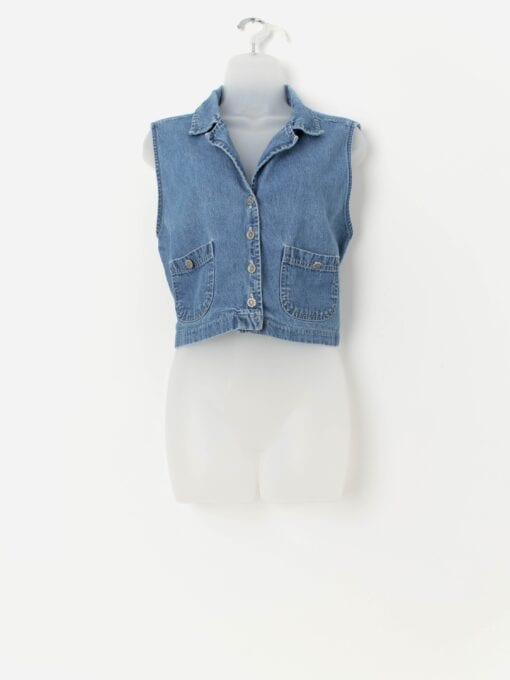 Vintage denim vest in stonewash blue with floral buttons - Medium / Large
