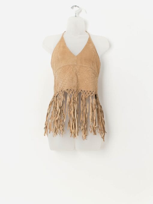 Vintage fringed leather halter neck cropped top - XS