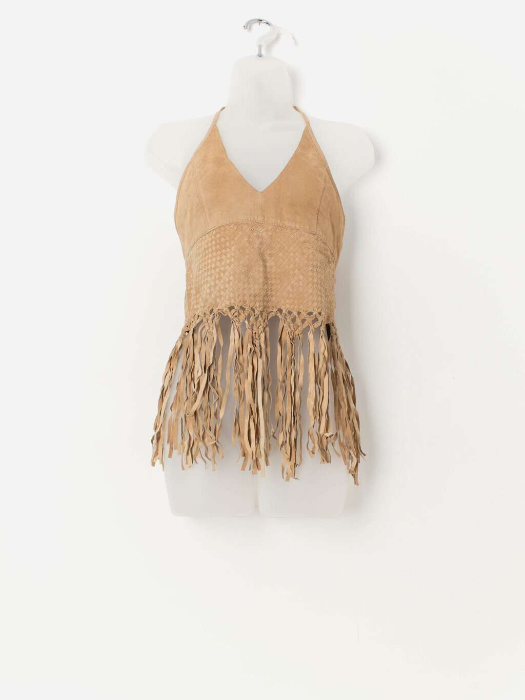 Vintage fringed leather halter neck cropped top - XS