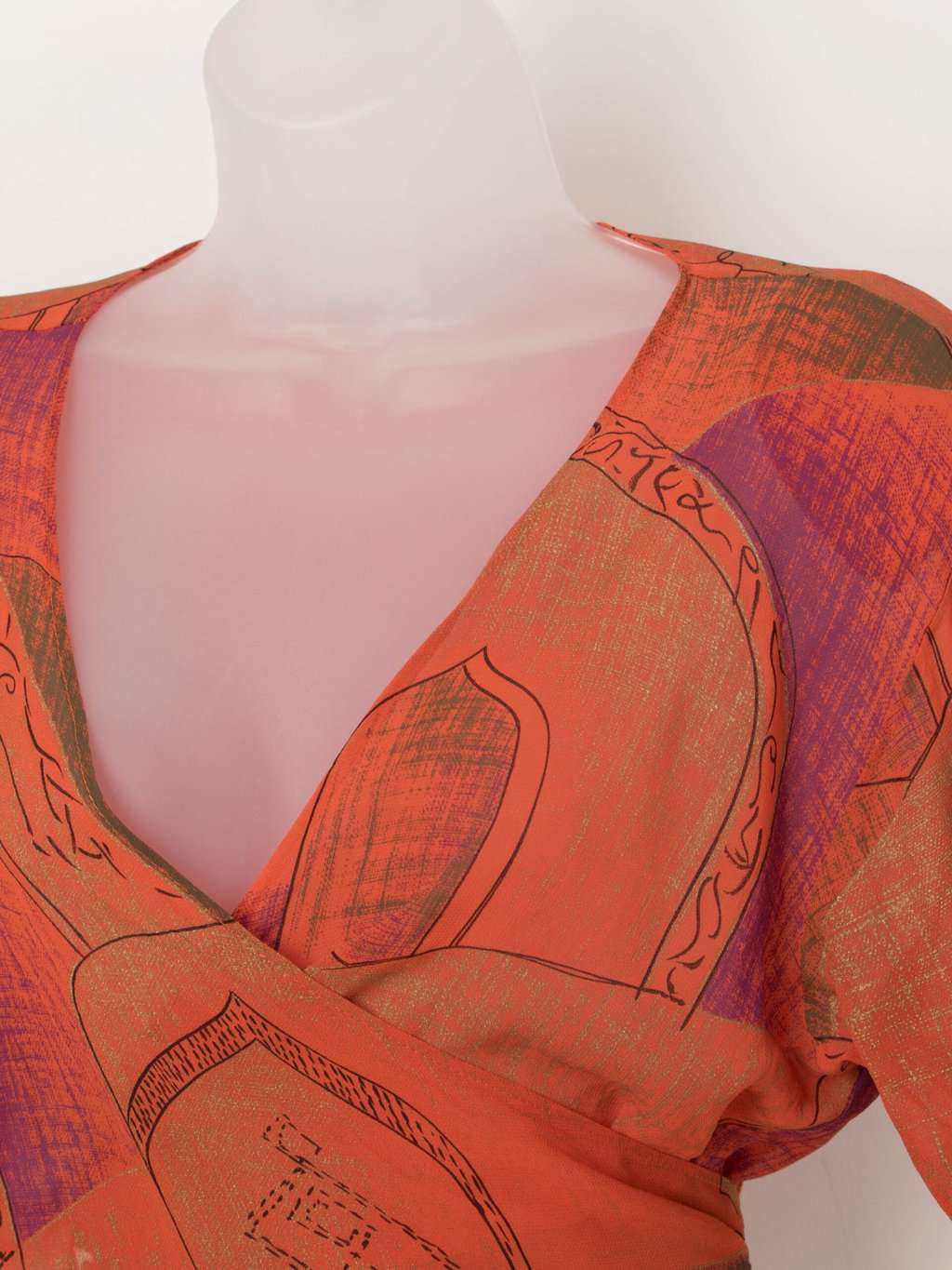 Vintage orange wrap crop top with purple abstract print - Medium - Image 2