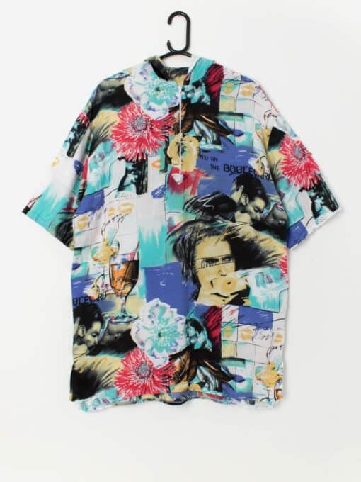 Vintage long hooded top with abstract cocktail and face print - L / XL