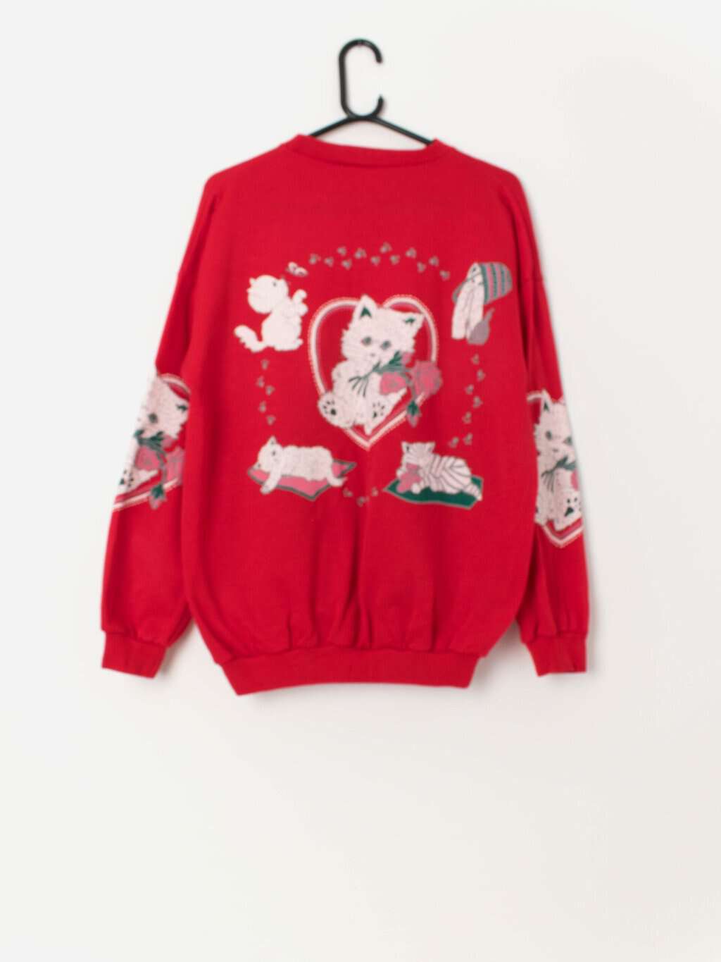 80s Kitsch cat sweatshirt in red with large love heart graphic - Large - Image 3