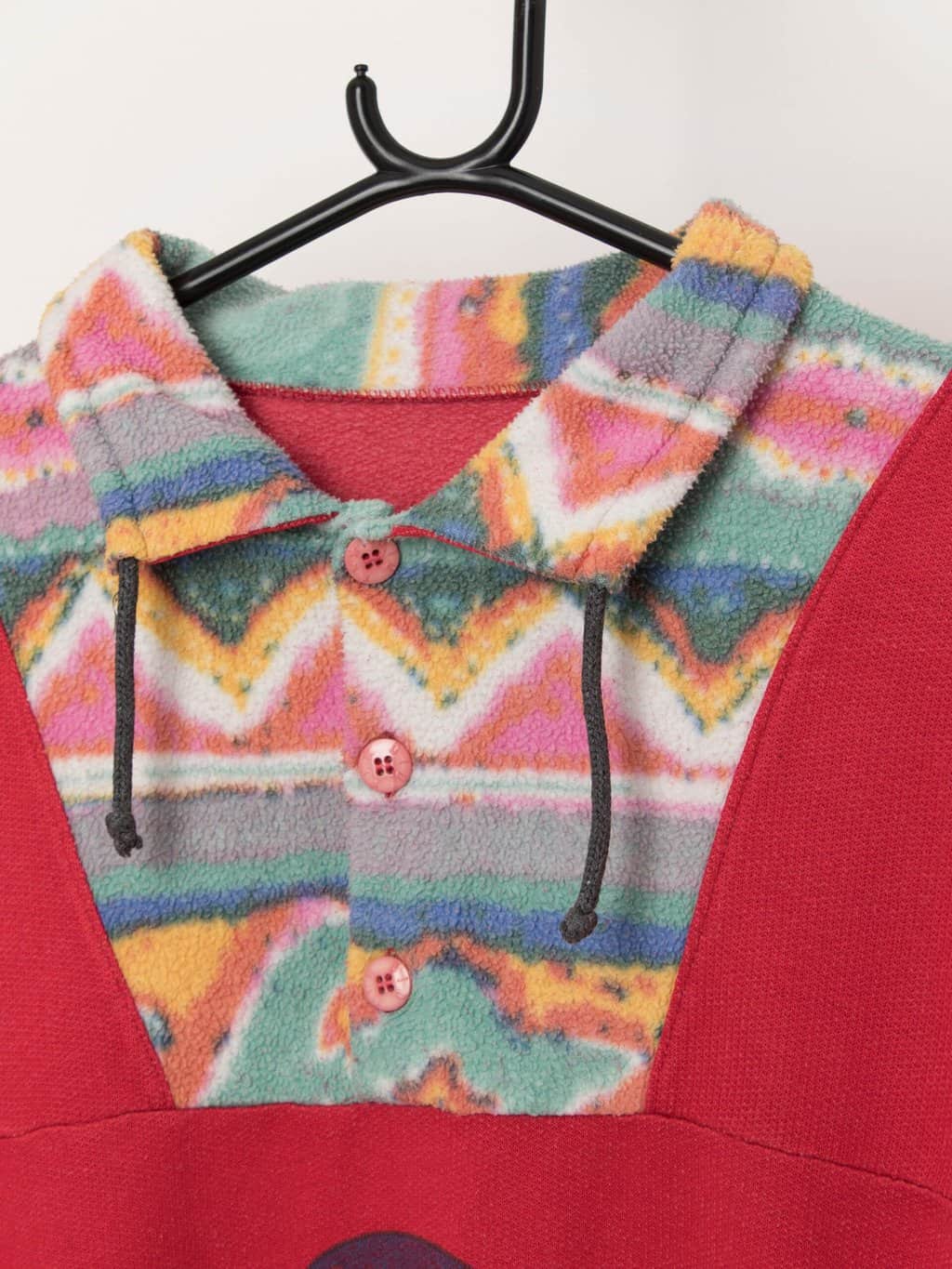 80s vintage red quarter button sweatshirt with fleece panels - Medium / Large - Image 3