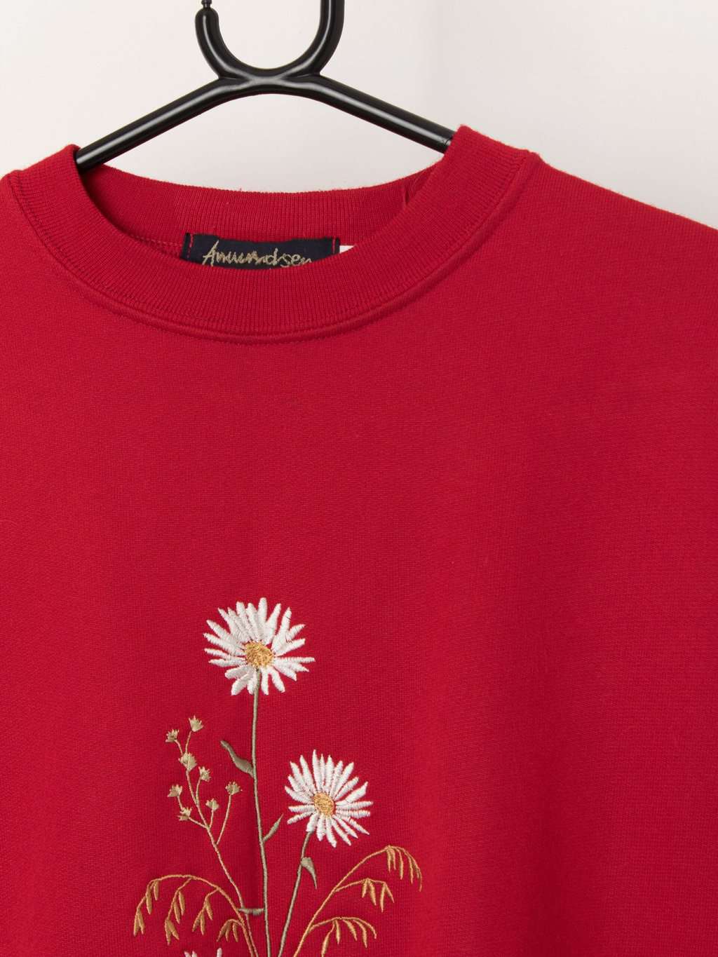 90s vintage red sweatshirt with embroidered wild flowers - Large - Image 2