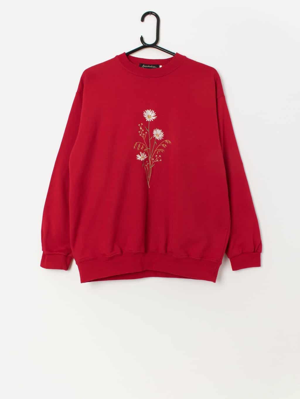 90s vintage red sweatshirt with embroidered wild flowers - Large