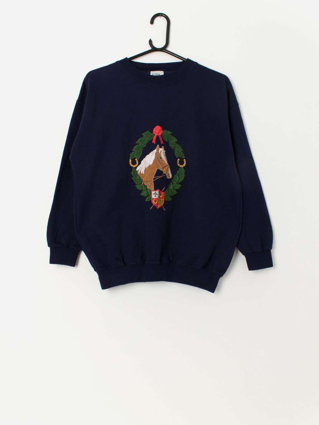 90s vintage horse embroidered navy sweatshirt - Medium