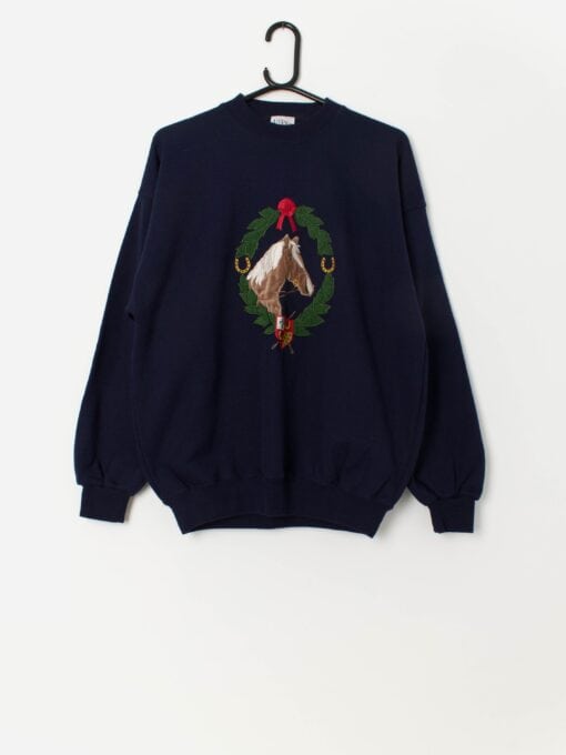 90s vintage horse embroidered navy sweatshirt - Medium