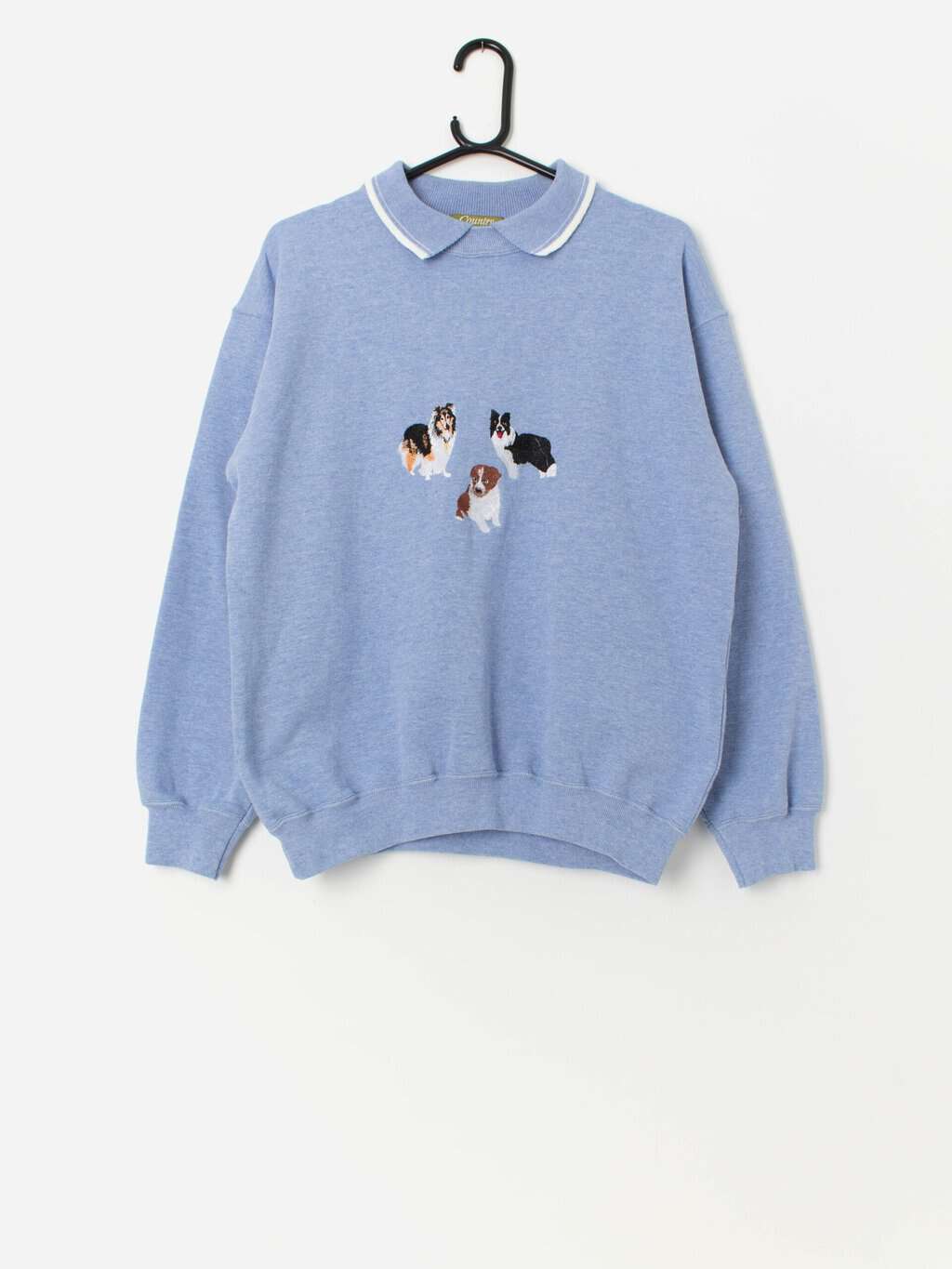 Vintage collared sweatshirt with embroidered dogs in blue - Medium
