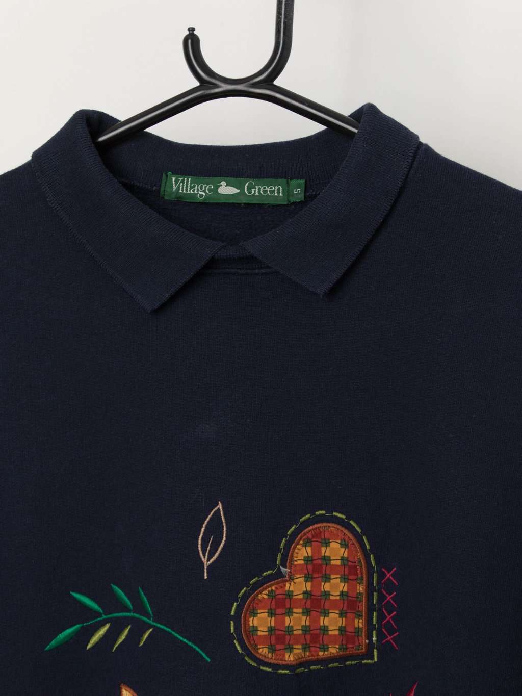 Vintage autumn collared sweatshirt with embroidered love hearts and leaves - Small - Image 2