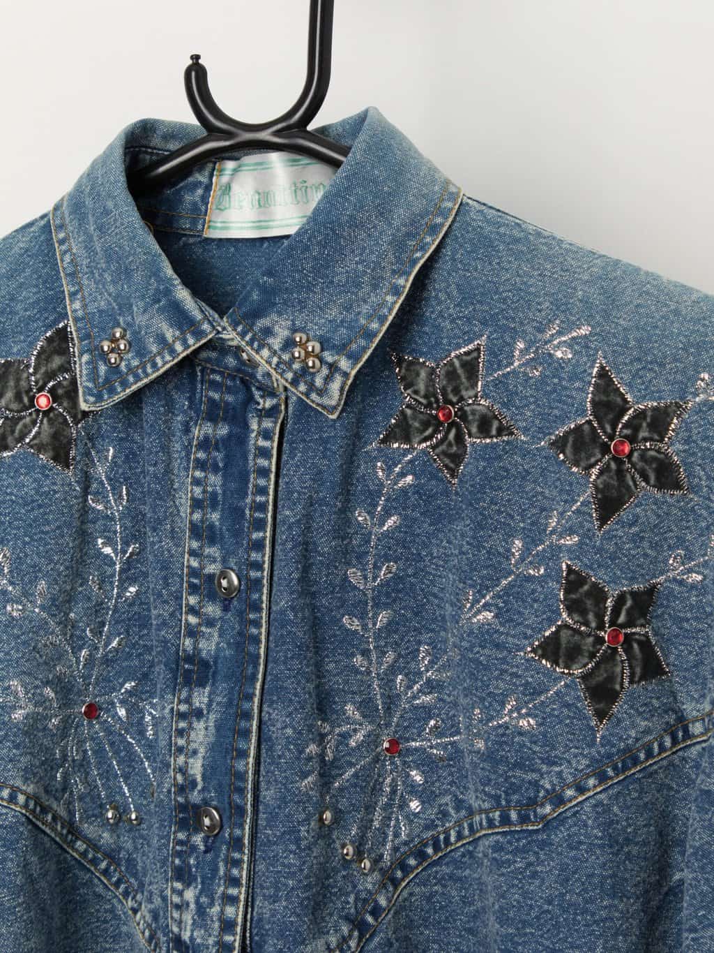Vintage embroidered denim blouse with studded collar - L - Image 2