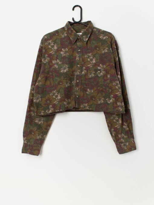 Vintage cropped floral shirt in forest green and red - Large