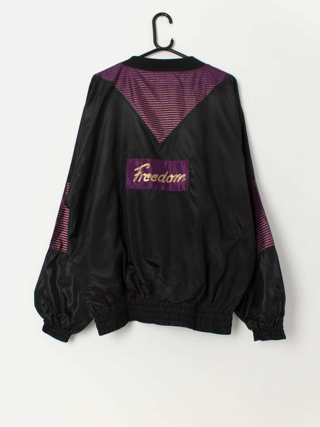 80s vintage Freedom shell suit pullover sweater / sweatshirt in black and purple - Large / XL - Image 3