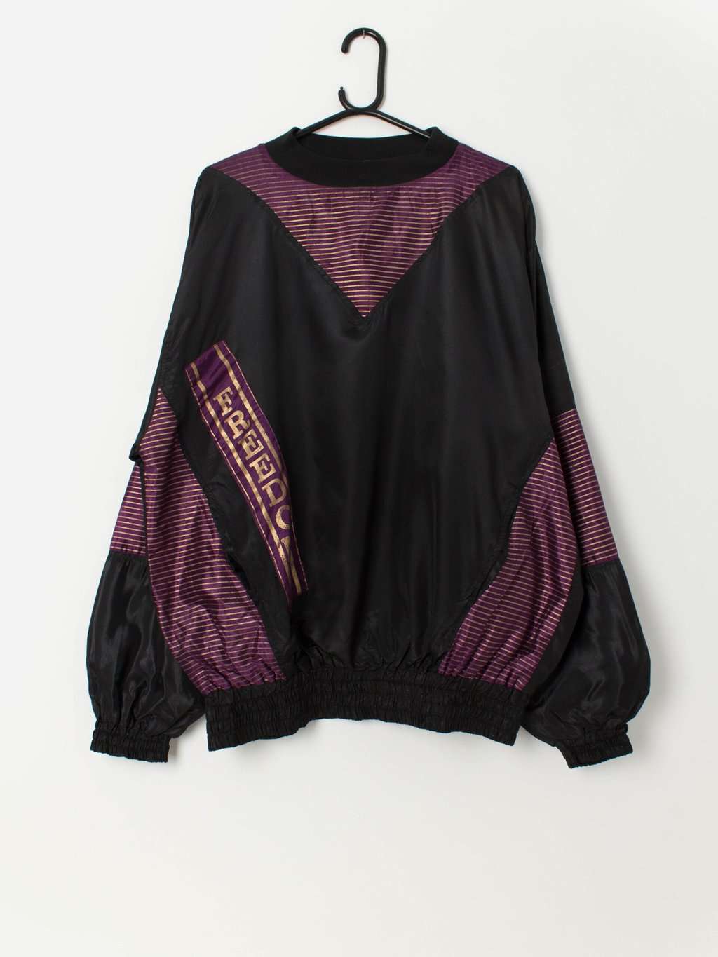 80s vintage Freedom shell suit pullover sweater / sweatshirt in black and purple - Large / XL