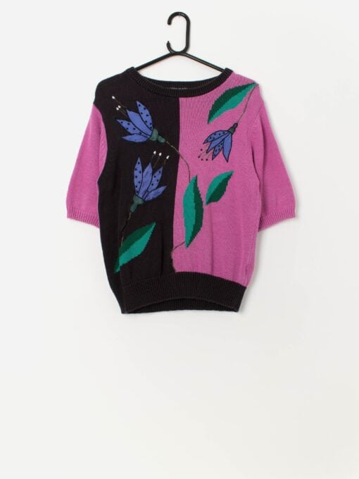 Pretty vintage appliqué knitted top in pink and black - Medium