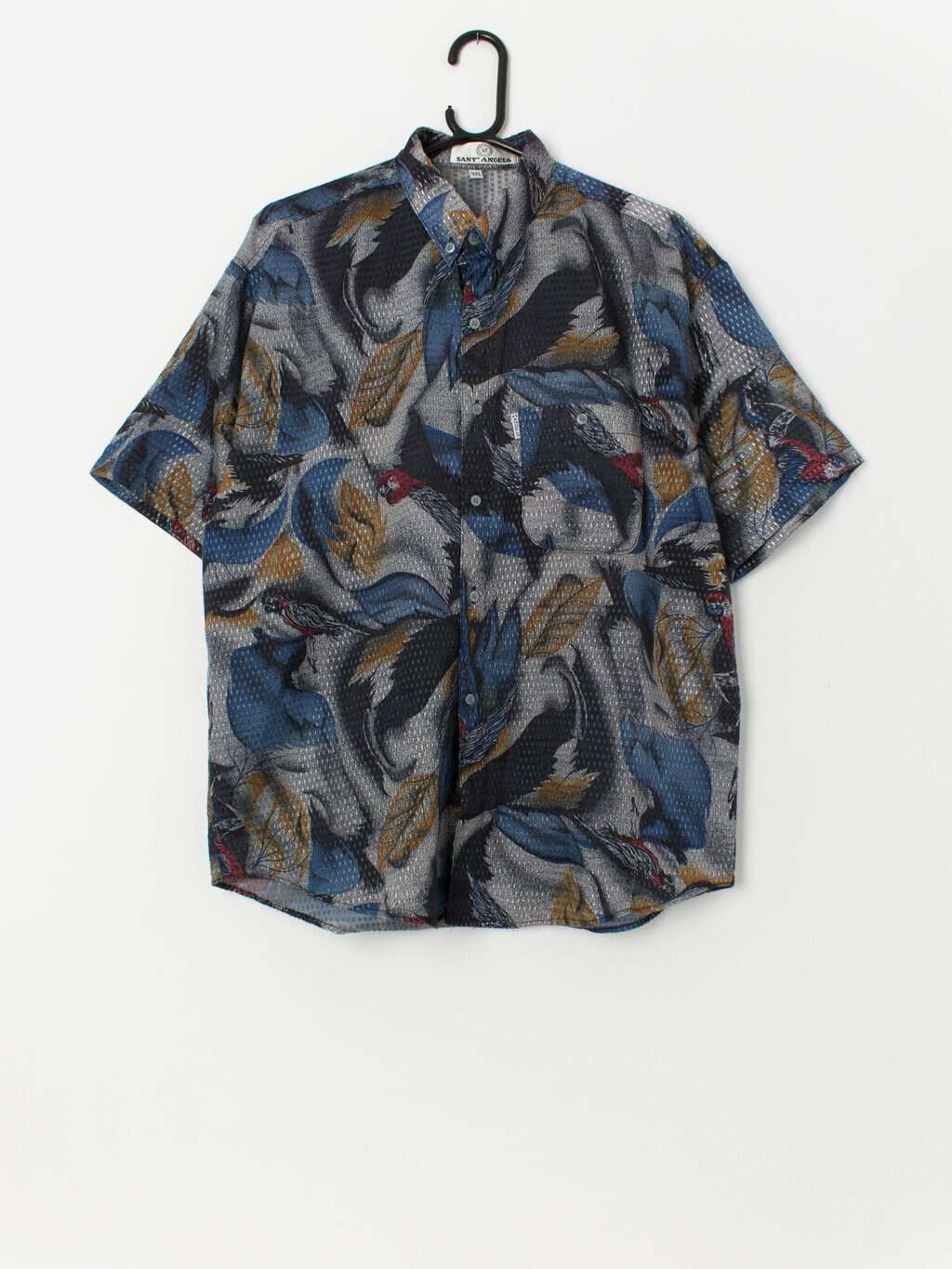 Vintage shiny shirt with parrot and leaf pattern - Large