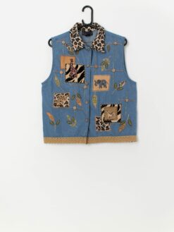 Vintage denim vest with animal safari embroidered design - Medium / Large