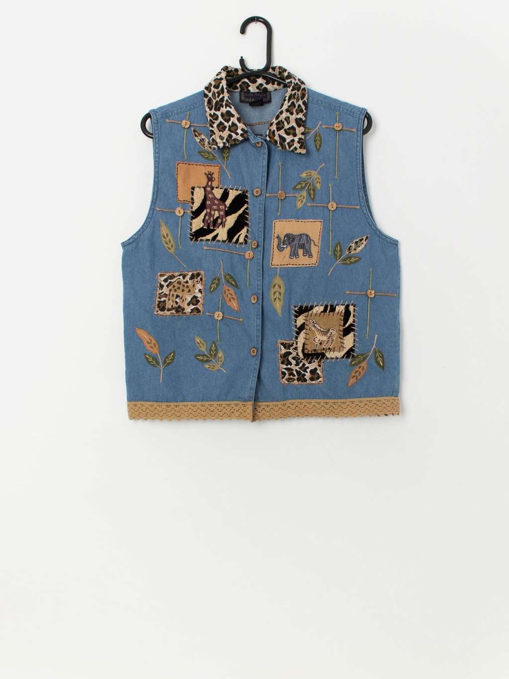 Vintage denim vest with animal safari embroidered design - Medium / Large