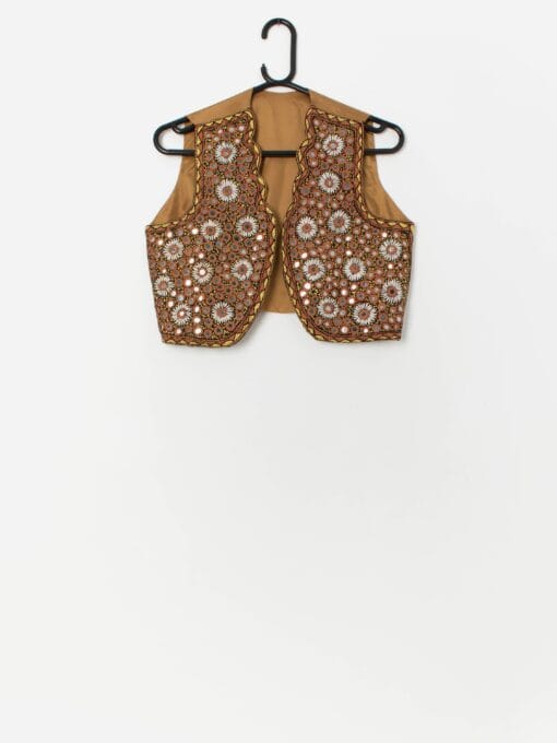 Vintage mirror work vest in golden brown with sunflower pattern - Small / Medium