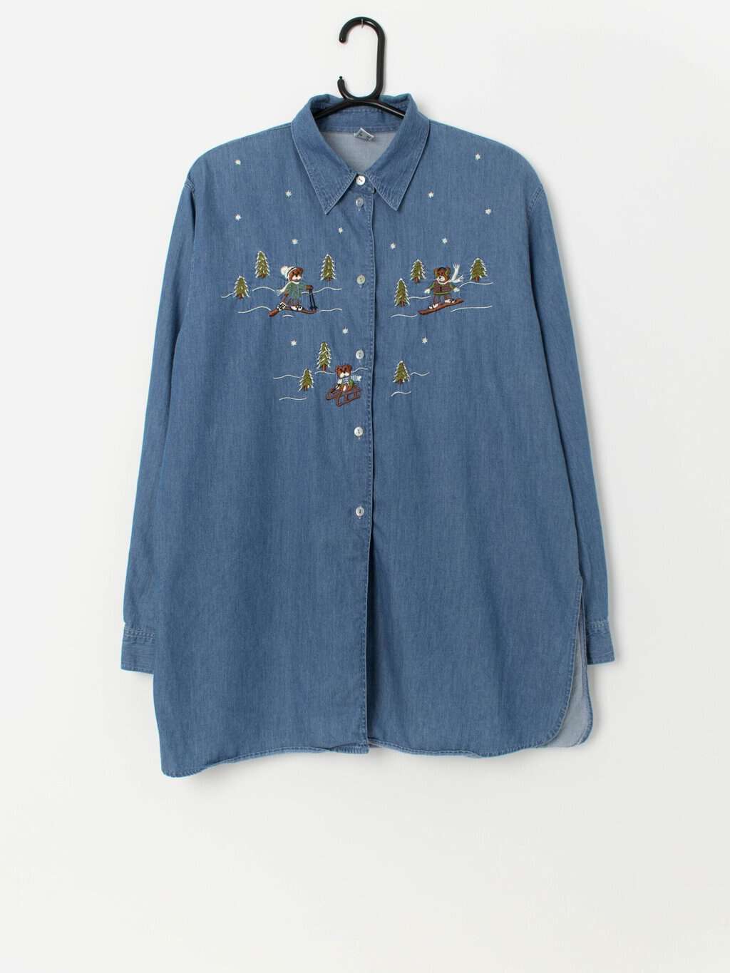 Vintage Christmas embroidered denim shirt with cute skiing teddy bears - Large