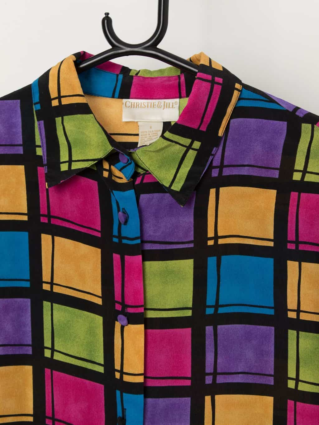Women's silk shirt with bright square pattern - S / M - Image 2