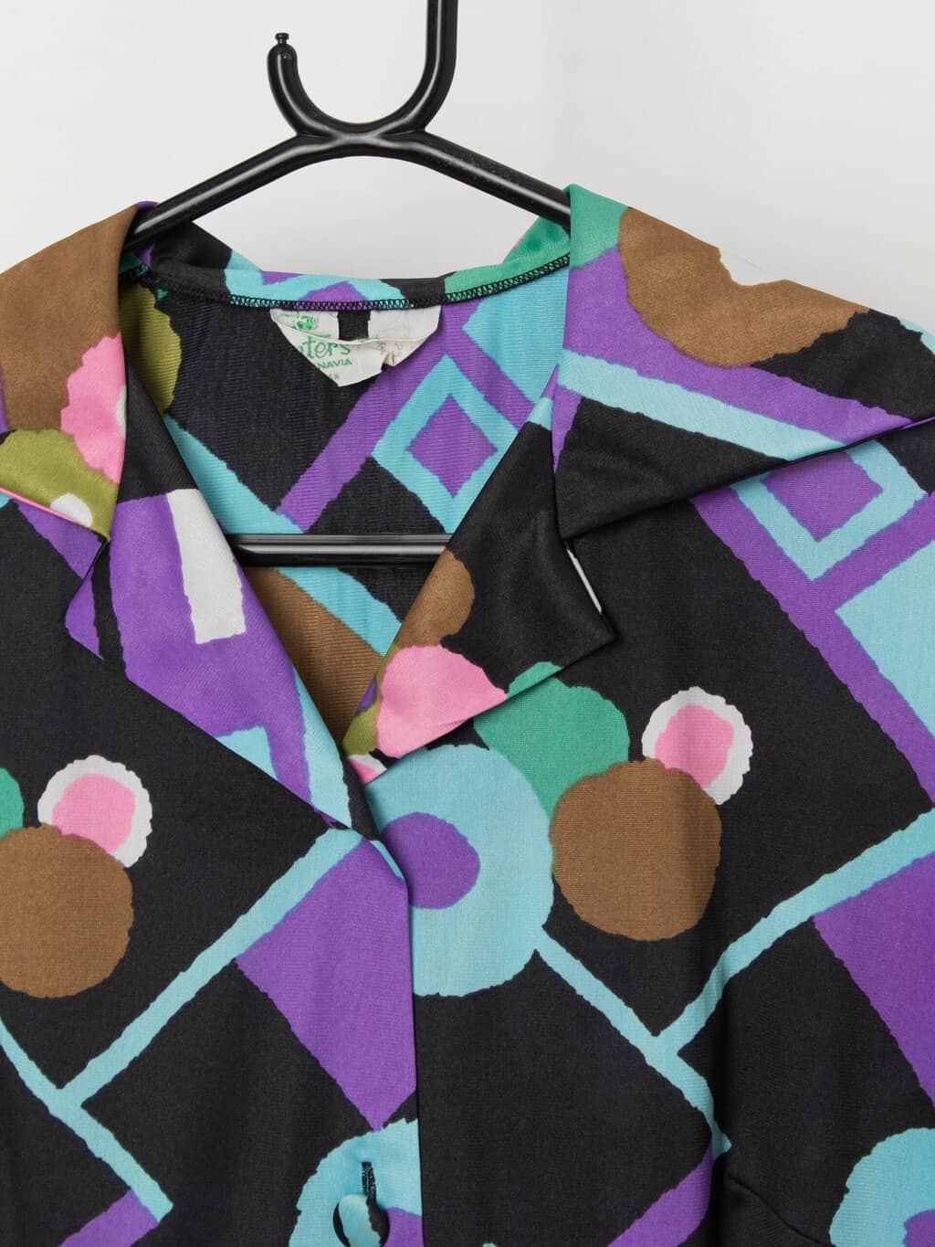 70s vintage shirt tunic top in black with colourful pattern - Large - Image 2