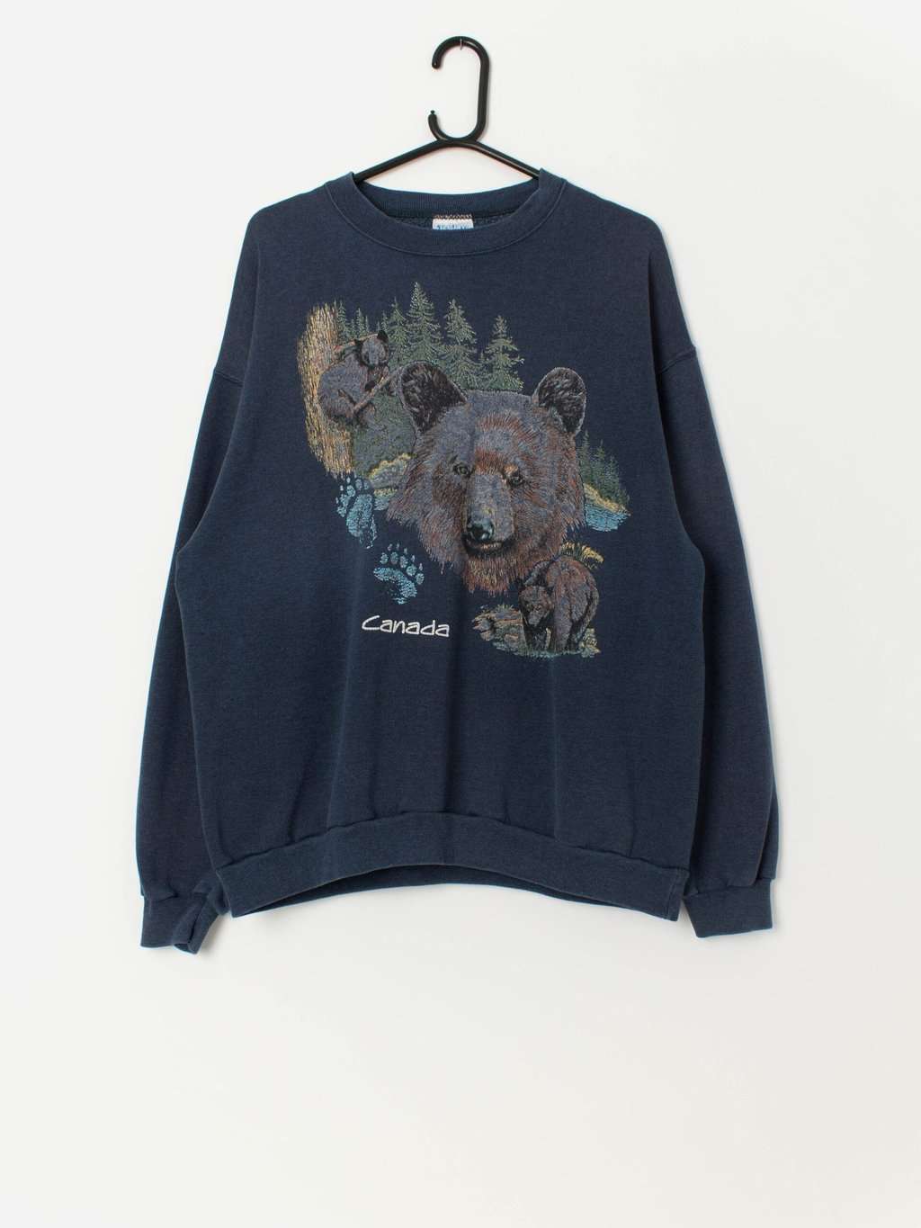 80s vintage Tee Jays Canadian bear graphic sweatshirt in blue - XL