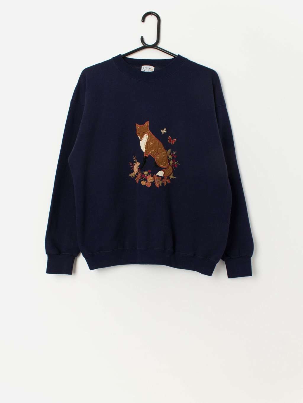 Vintage woodland applique fox sweatshirt in navy - M / L