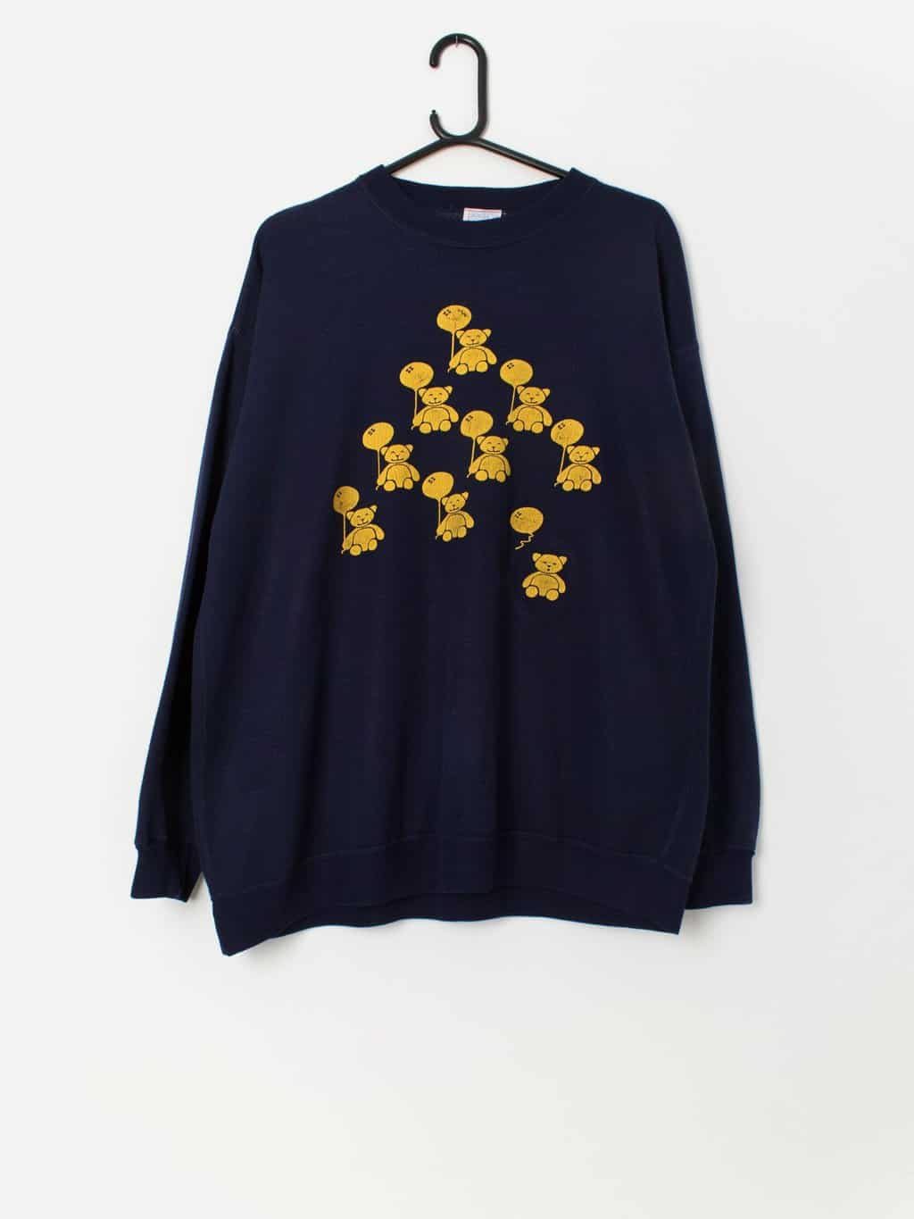 Vintage Joules teddy bear sweatshirt in navy and yellow - XL